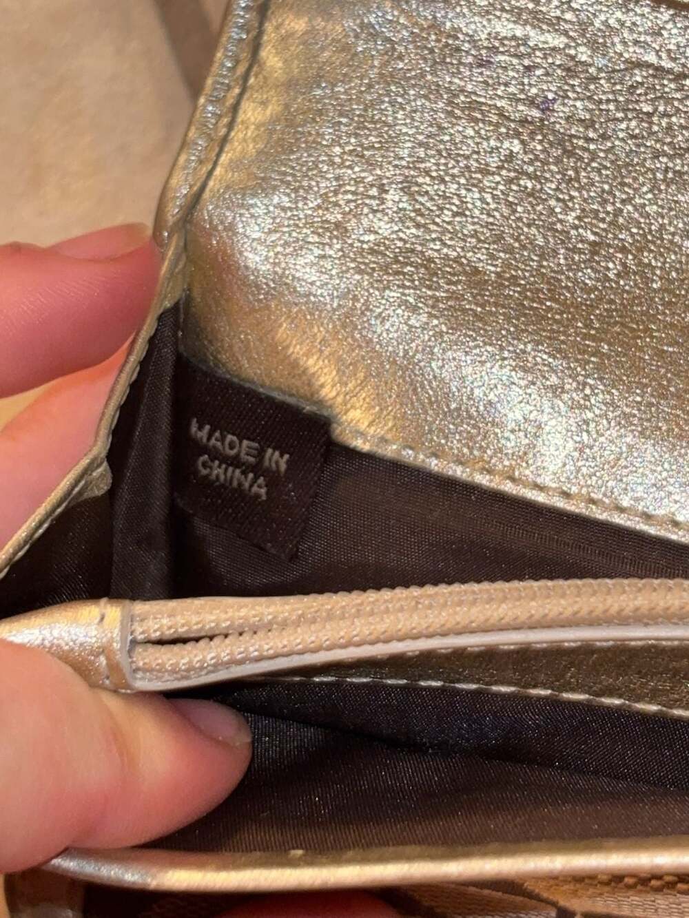 Coach Signature Stripe Slim Envelope Wallet Khaki Brown Gold Metallic Interior - Picture 4 of 7